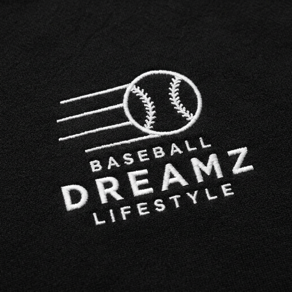 Close-up mockup of the white embroidered Baseball Dreamz Lifestyle logo on black hoodie fabric
