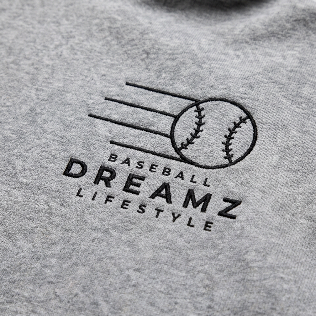 Close-up of black Baseball Dreamz logo embroidery on heather-grey hoodie fabric