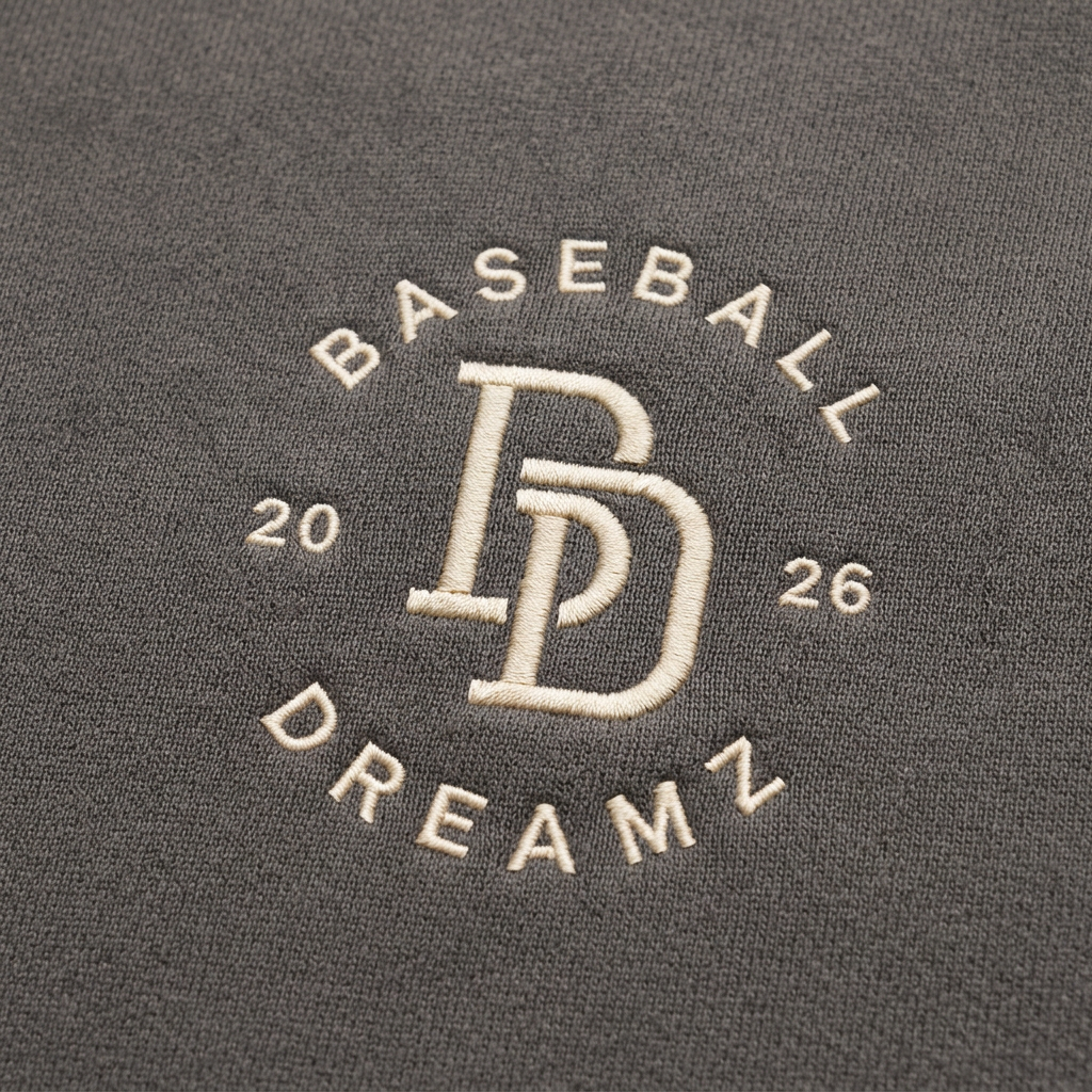 Close-up of the Baseball Dreamz chest logo on the gray quarter-zip sweatshirt