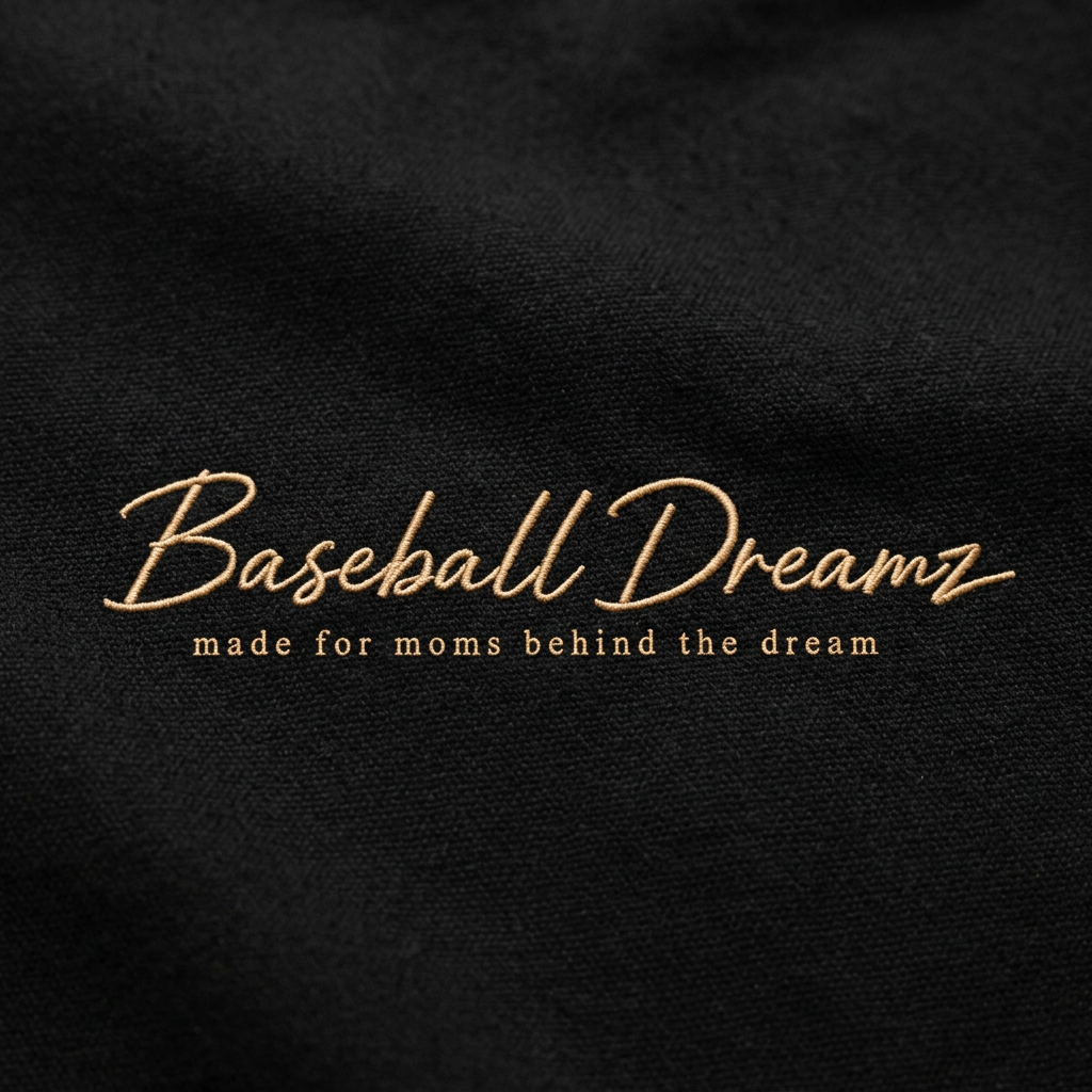 Close-up mockup of warm-gold Baseball Dreamz embroidery on black canvas